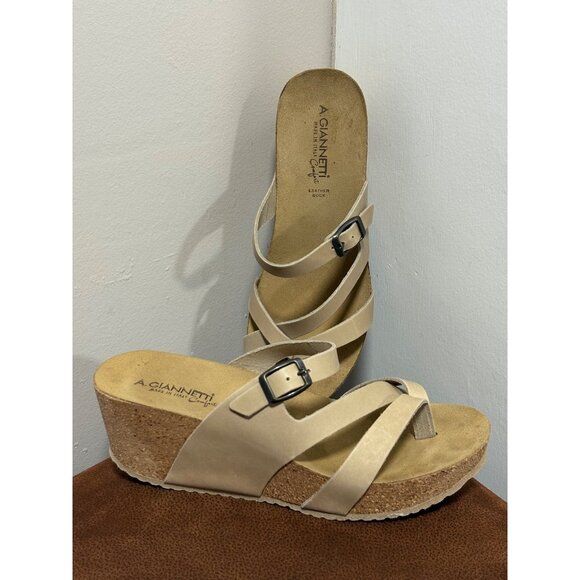 A. GIANNETTI COMFORT WEDGE SANDALS CORK SOLE BEIGE LEATHER STRAPS WOMENS SIZE 8 - Picture 1 of 9